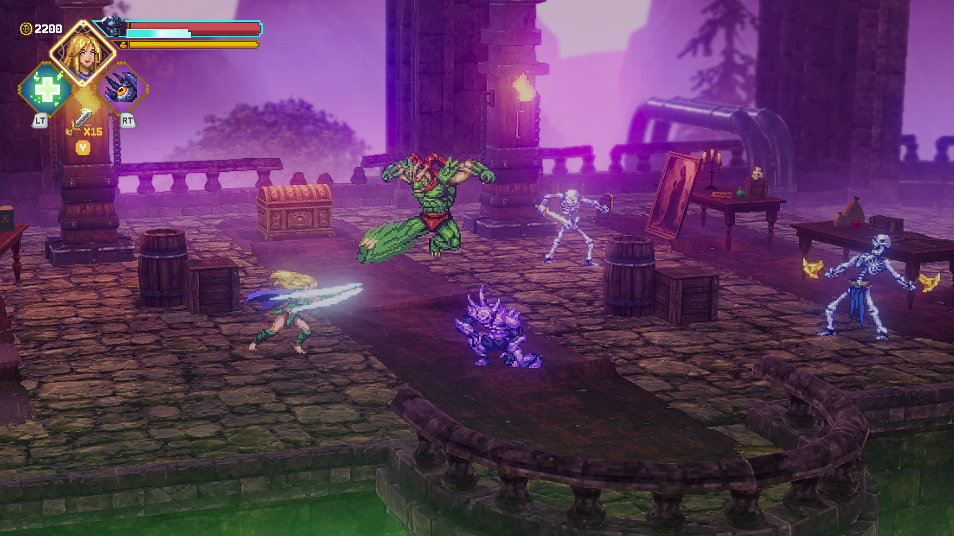 Heroes fighting in a purple courtyard