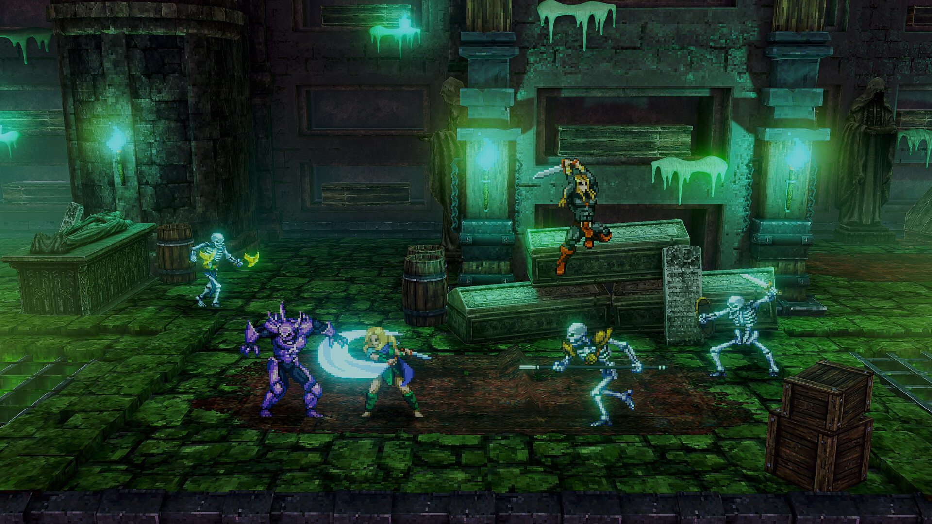 Combat in a green dungeon hall