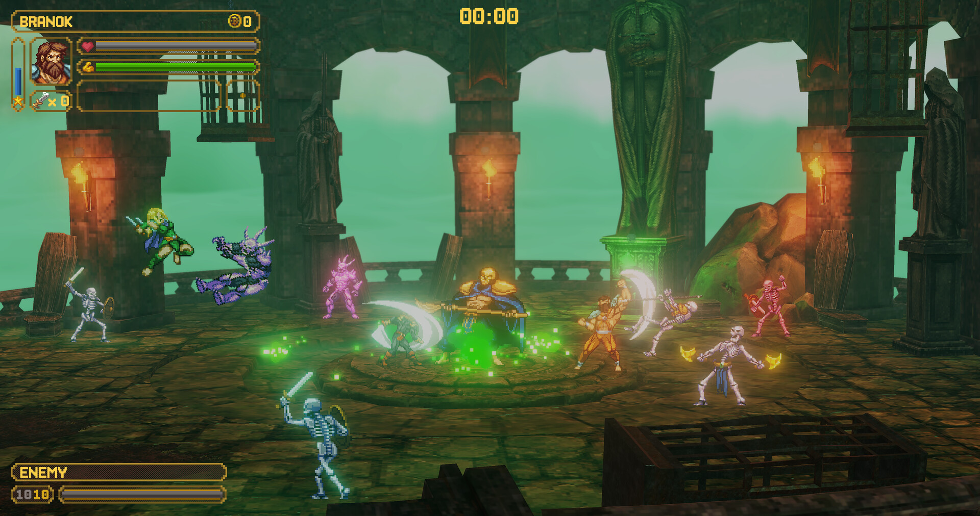 A crowded fight around a green altar